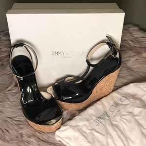 Jimmy Choo Patent Leather Black T-Strap Cork Wedge